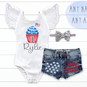4th of July Birthday Outfit Patriotic 1st Birthday Outfit Red White Blue Baby Girl July 4th Outfit Patriotic Distressed Denim