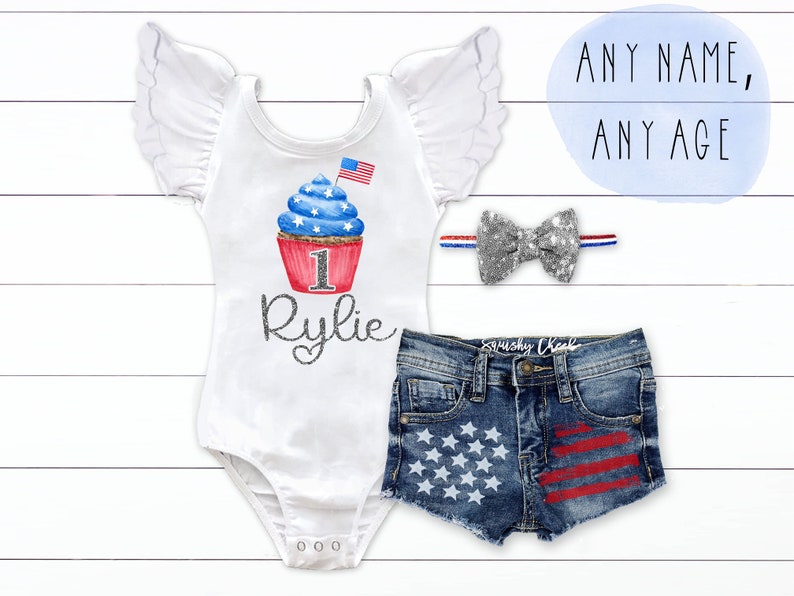 4th of July Birthday Outfit Patriotic 1st Birthday Outfit Red White Blue Baby Girl July 4th Outfit Patriotic Distressed Denim image 1