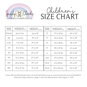 May include: A size chart for children's clothing, showing sizes from preemie to 14/16, with corresponding weight and height ranges in pounds and inches.