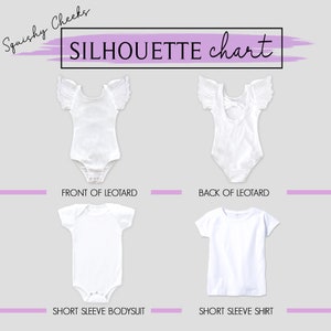 Puede incluir: Un gr&aacute;fico que muestra diferentes siluetas de prendas de vestir, incluyendo un leotardo, un body y una camiseta. El gr&aacute;fico se titula "Silhouette Chart" y est&aacute; etiquetado con los nombres de cada prenda.