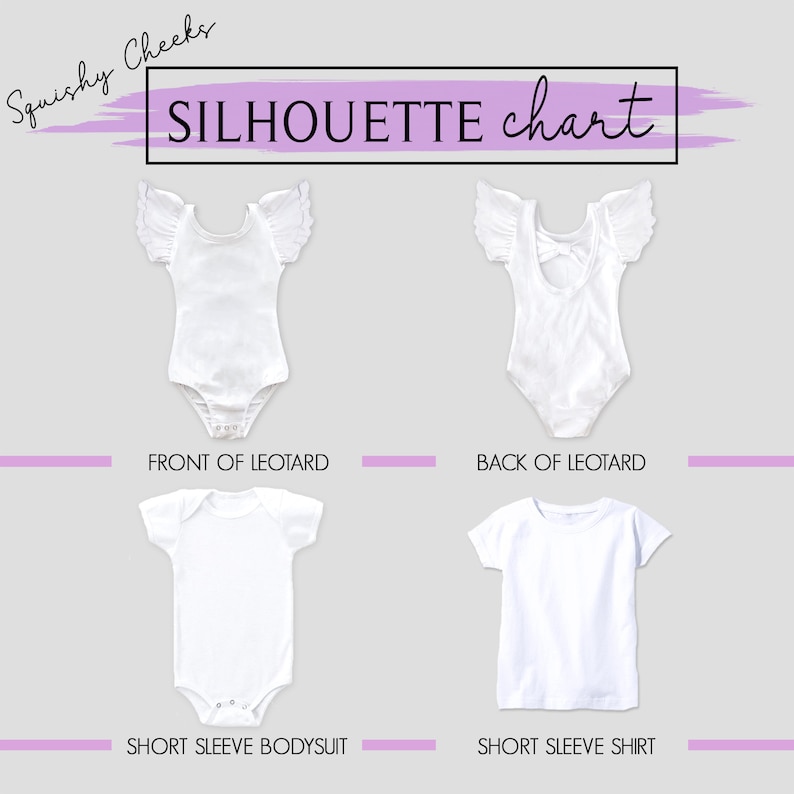 Puede incluir: Un gr&aacute;fico que muestra diferentes siluetas de prendas de vestir, incluyendo un leotardo, un body y una camiseta. El gr&aacute;fico se titula "Silhouette Chart" y est&aacute; etiquetado con los nombres de cada prenda.