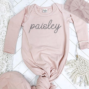 Blush Pink Baby Girl Personalized Knotted Gown Newborn Outfit Monogramed