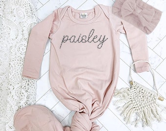 Blush Pink Baby Girl Personalized Knotted Gown Newborn Outfit Monogramed