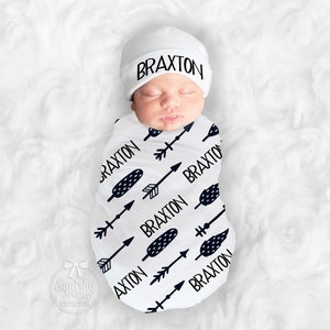 Baby Boy Arrow Blanket Personalize Black and White Baby Swaddle With Name