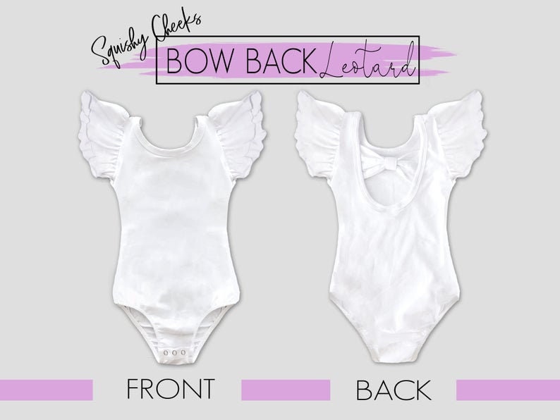 May include: White leotard with a bow on the back and ruffled sleeves. The leotard is shown from the front and back. The text "Squishy Cheeks BOW BACK Leotard" is at the top of the image.