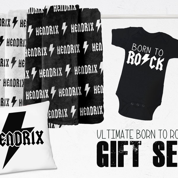 Born to Rock Gift Set, Baby Boy Blanket Pillow Set, Personalized Baby Swaddle, Baby Shower Gift Name Blanket Receiving Blanket Plush Blanket