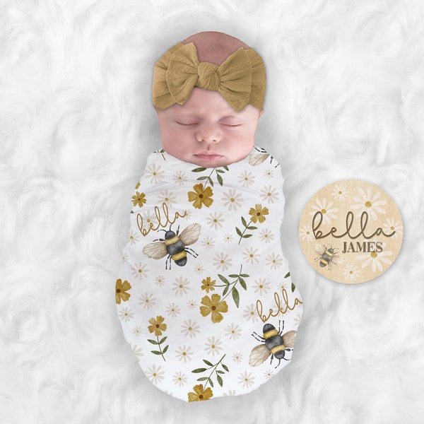 Bumble Bee Floral Swaddle Personalized Bee Blanket Boho Nursery Baby Blanket