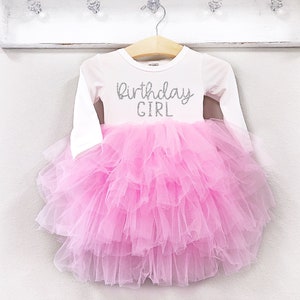 Girls Birthday Dress Pink and Silver Birthday Outfit Long Sleeve Birthday Dress 1st 2nd 3rd 4th 5th Birthday Fluffy Dress