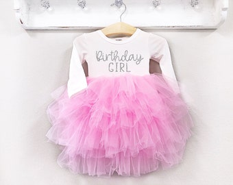 Girls Birthday Dress Pink and Silver Birthday Outfit Long Sleeve Birthday Dress 1st 2nd 3rd 4th 5th Birthday Fluffy Dress