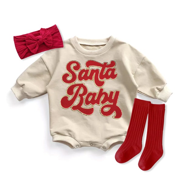 Baby Girl Christmas Romper Santa Baby Chenille Bubble Romper Christmas Outfit Sweatsuit 1st Christmas Bodysuit