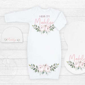 Baby Girl Gift Set Personalized Baby Shower Gift Set Pink Floral Pillow, Blanket, Gown, Burp Cloth, Hat, Bracelet and Baby Barefoot Sandals image 3