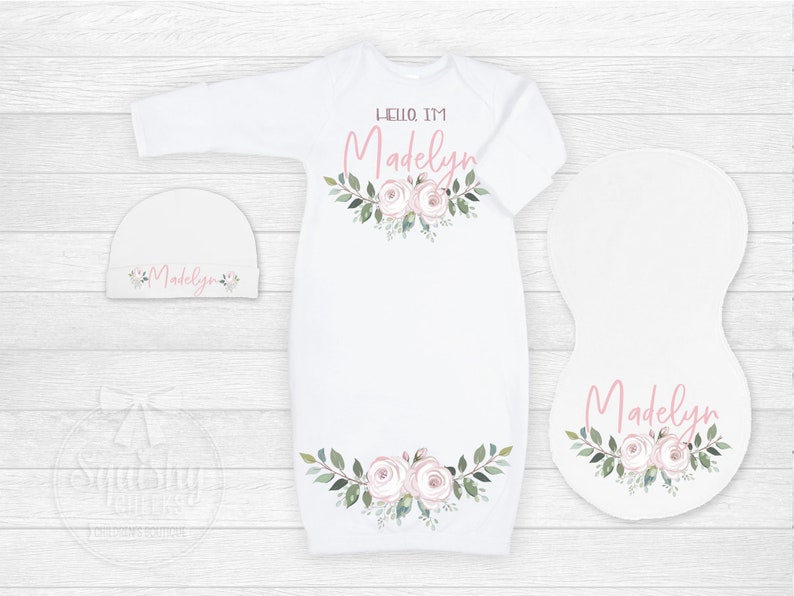 Baby Girl Gift Set Personalized Baby Shower Gift Set Pink Floral Pillow, Blanket, Gown, Burp Cloth, Hat, Bracelet and Baby Barefoot Sandals image 3