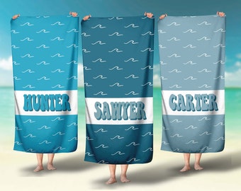 Personalized Boy's Beach Towel: Blue Surf Wave, Custom Name