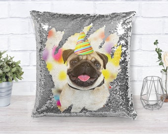 Haustier Kissen Haustier Foto Pailletten Kissen mit Foto Personalisiertes Foto Reversible Pailletten Kissen Geschenk für Hundemama Geschenk für Tierbesitzer 16x16 Kissen
