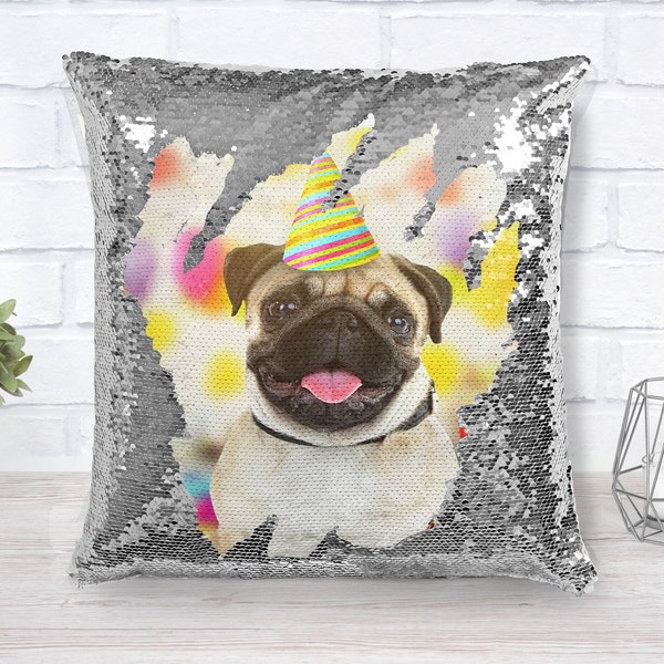 Pet Pillow Pet Photo Sequin Pillow with Photo Personalized Photo Reversible Sequin Pillow Gift for Dog Mom Gift for Pet Owner 16x16 Pillow