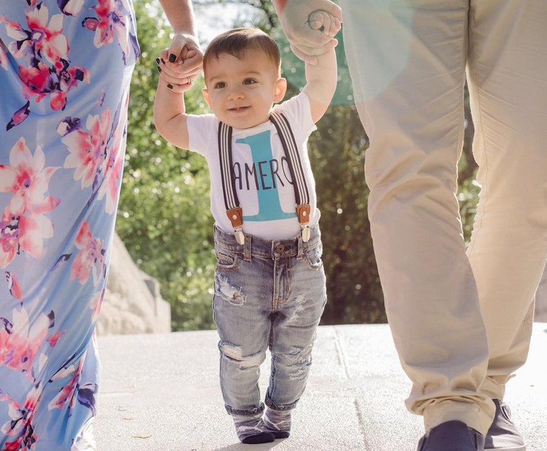 First Birthday Outfit Boy 1st Birthday Personalized Top Distressed Denim Suspender Pants or Shorts Boy Smash Cake Outfit Boy Photo Outfit 