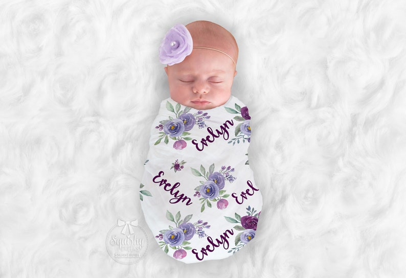 Purple Baby Girl Blanket Personalize Baby Swaddle Baby Shower Gift Monogram Baby Blanket Name Blanket Receiving Blanket or Plush Blanket image 1