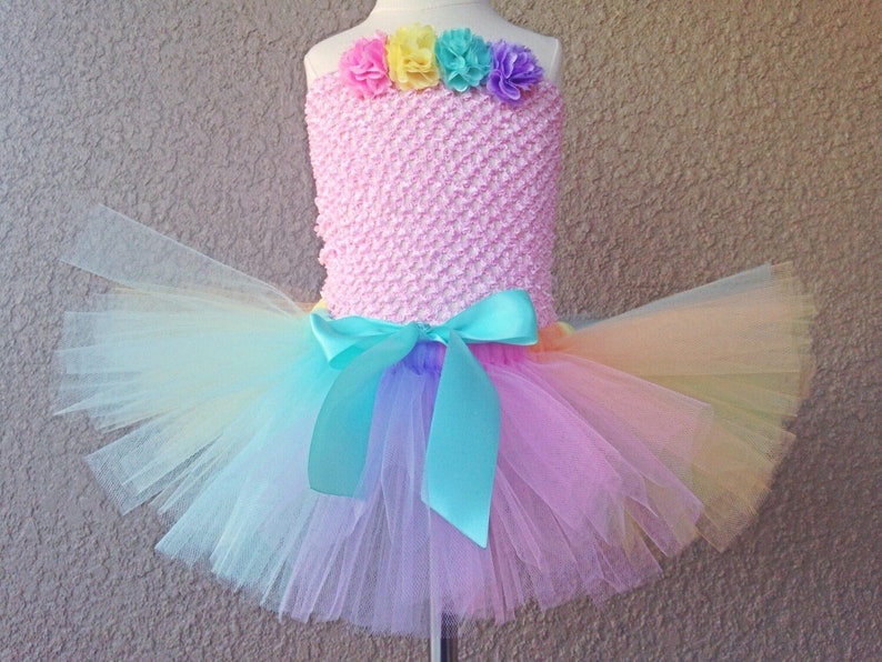 Pastel Rainbow Tutu with Clip-On Satin Bow , Easter Tutu, Easter Outfit Photo Prop, Baby Tutu, Girl Birthday Outfit, Tutu, Made for any age image 1