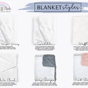 Puede incluir: Un gr&aacute;fico que muestra diferentes estilos de mantas, incluyendo jersey ligero, swaddle, waffle, felpa blanca, sherpa gris y sherpa rosa. El gr&aacute;fico incluye texto que describe las caracter&iacute;sticas de cada estilo de manta.