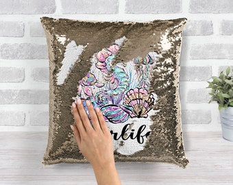 Mermaid Pillow Merlife Gold Pillow Case Girl Birthday Gift Sequin Changing Pillow 16x16 With Pillow Form Personalization Available