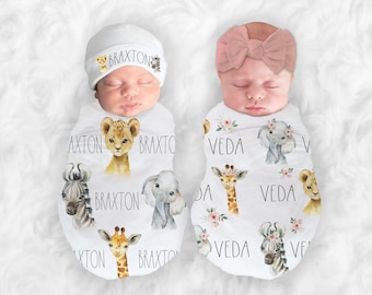 Manta personalizada para bebé de Safari de animales, para guardería, jungla, manta para niña, manta para bebé, manta para gemelos, regalo para Baby Shower, manta con nombre