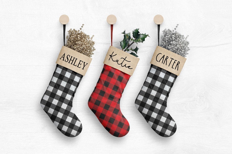 Personalized Christmas Stockings Custom Monogrammed Buffalo Plaid Buffalo Check Stockings Canvas Red Black White image 1