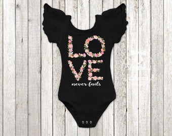 Love Never Fails Girls Leotard Baby Girl Clothes Christian Shirt Love Baby Girl Valentines Day Leotard Christian Baby Gift Toddler