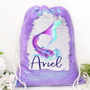 Girls Mermaid Bag Purple Sequin Drawstring Bag Personalized Girls Bag Birthday Gift for Girl Mermaid Holographic Sequins Girls Sports Bag image 1