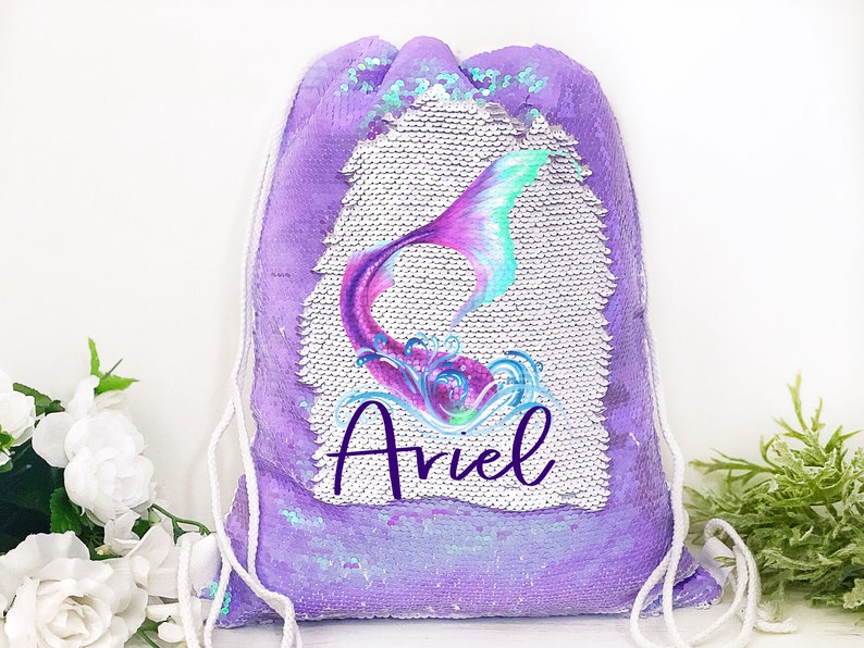 Girls Mermaid Bag Purple Sequin Drawstring Bag Personalized Girls Bag Birthday Gift for Girl Mermaid Holographic Sequins Girls Sports Bag image 1