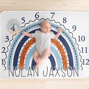 Bebé niño azul arco iris mensual hito manta personalizada mes manta foto manta bebé manta con nombre bebé foto prop