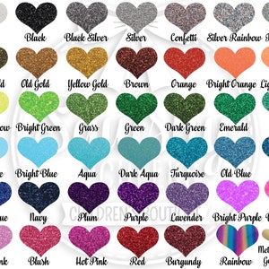 May include: A chart of 40 different glitter colors in heart shapes. The colors include white, black, silver, confetti, silver rainbow, iridescent, black gold, old gold, yellow gold, brown, orange, bright orange, light orange, bright yellow, bright green, grass, green, dark green, emerald, jade, light blue, bright blue, aqua, dark aqua, turquoise, old blue, blue, royal blue, navy, plum, purple, lavender, bright purple, bright pink, light pink, blush, hot pink, red, burgundy, rainbow, metallic gold, and metallic silver.