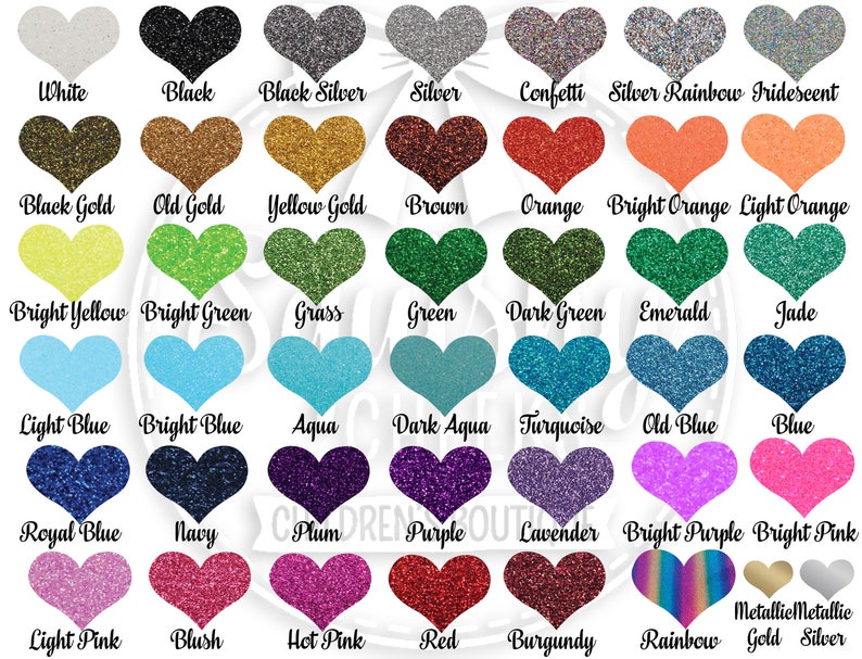 May include: A chart of 40 different glitter colors in heart shapes. The colors include white, black, silver, confetti, silver rainbow, iridescent, black gold, old gold, yellow gold, brown, orange, bright orange, light orange, bright yellow, bright green, grass, green, dark green, emerald, jade, light blue, bright blue, aqua, dark aqua, turquoise, old blue, blue, royal blue, navy, plum, purple, lavender, bright purple, bright pink, light pink, blush, hot pink, red, burgundy, rainbow, metallic gold, and metallic silver.