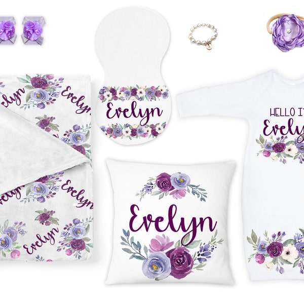 Purple Baby Girl Blanket Gift Set Personalized Baby Shower Gift Purple Floral Pillow Blanket Gown Burp Cloth Hat Bracelet Sandals Headband