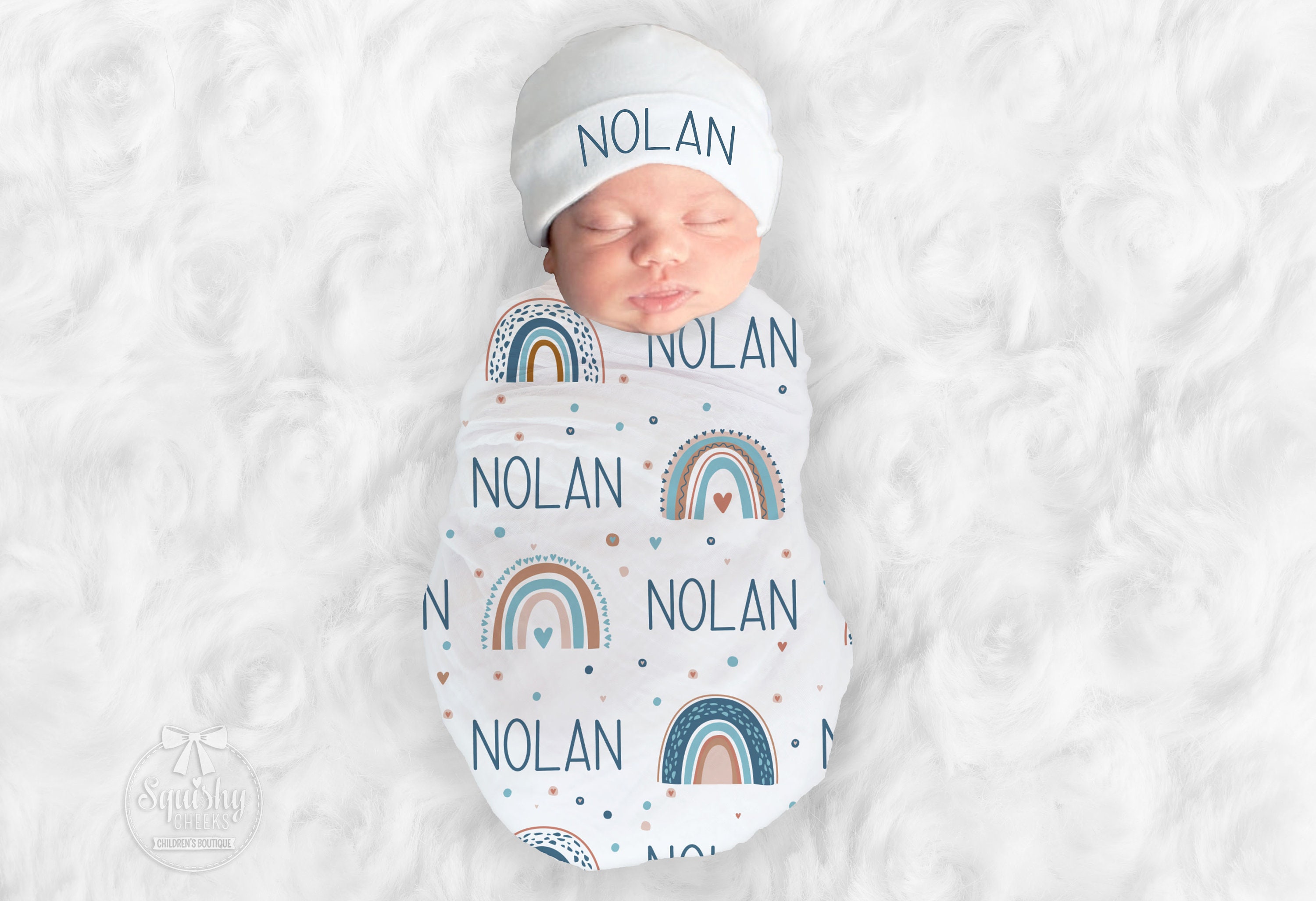 Unisex Rainbow Blanket Personalize Baby Boy Blanket Blue Retro Rainbo…