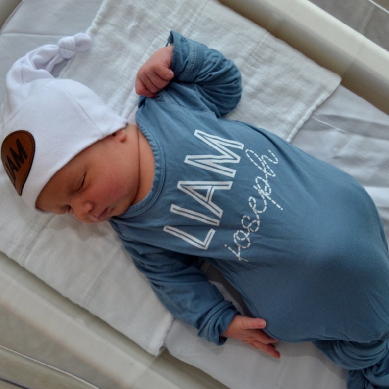 Bamboo Newborn Baby Boy Outfit, Baby Boy Personalized Knotted Gown, Newborn Outfit, Monogramed, Name Sign, Knotted Hat, Coming Home Outfit image 3