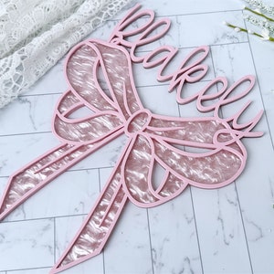 Baby Girl Bow Name Sign, Coquette Nursery Decor, Newborn Photo Prop, Name Announcement Pink & Pink Swirl