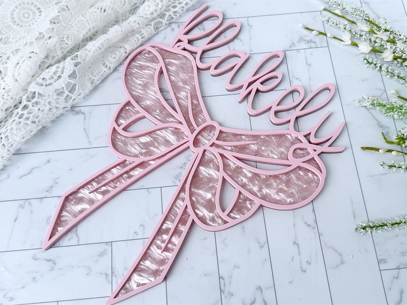 Baby Girl Bow Name Sign, Coquette Nursery Decor, Newborn Photo Prop, Name Announcement Pink & Pink Swirl