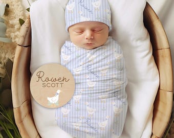 Baby Boy Personalized Blue Goose Swaddle Blanket Set