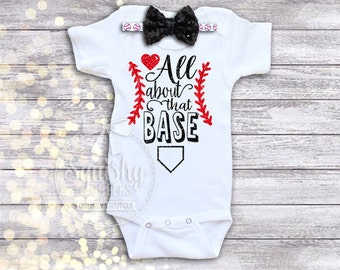 Girl Baseball Outfit, Baby Girl Baseball Bodysuit All About That Base Sparkly Baseball Outfit Top & Headband Preemie-6T, Trendy Baseball Fan