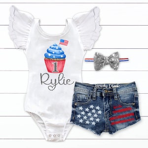4th of July Birthday Outfit Patriotic 1st Birthday Outfit Red White Blue Baby Girl July 4th Outfit Patriotic Distressed Denim image 3