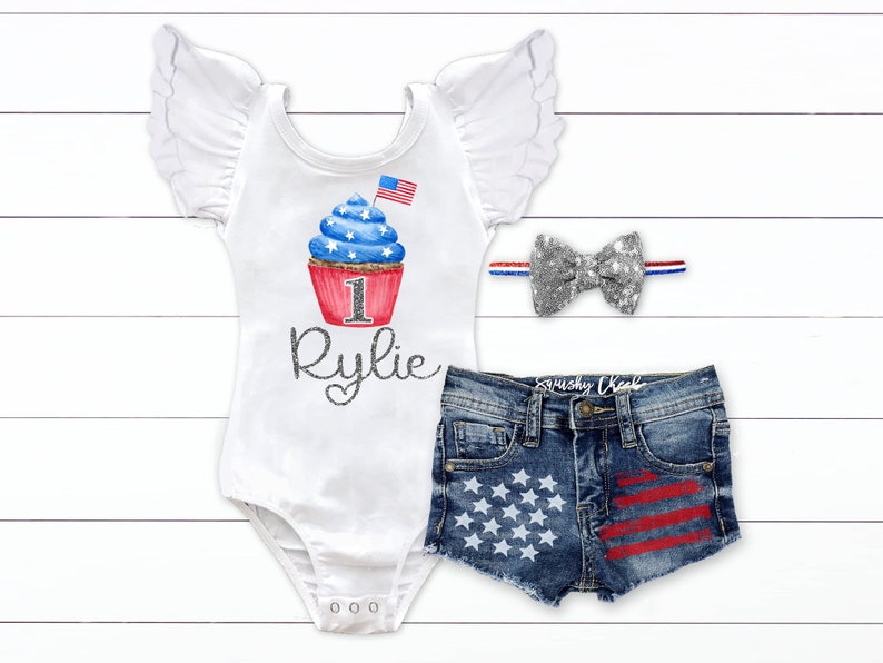 4th of July Birthday Outfit Patriotic 1st Birthday Outfit Red White Blue Baby Girl July 4th Outfit Patriotic Distressed Denim image 3