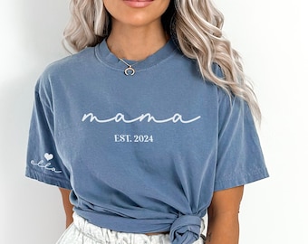 Custom Mama Shirt With Kids Name On Sleeve Short Sleeve Comfort Colors Shirt