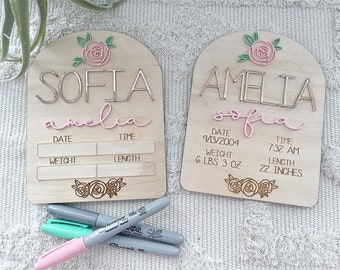 Rose Baby Girl Birth Stat Name Sign Floral Wood 3D Name Announcement Birth Stat Sign Floral Nursery Newborn Photo Prop