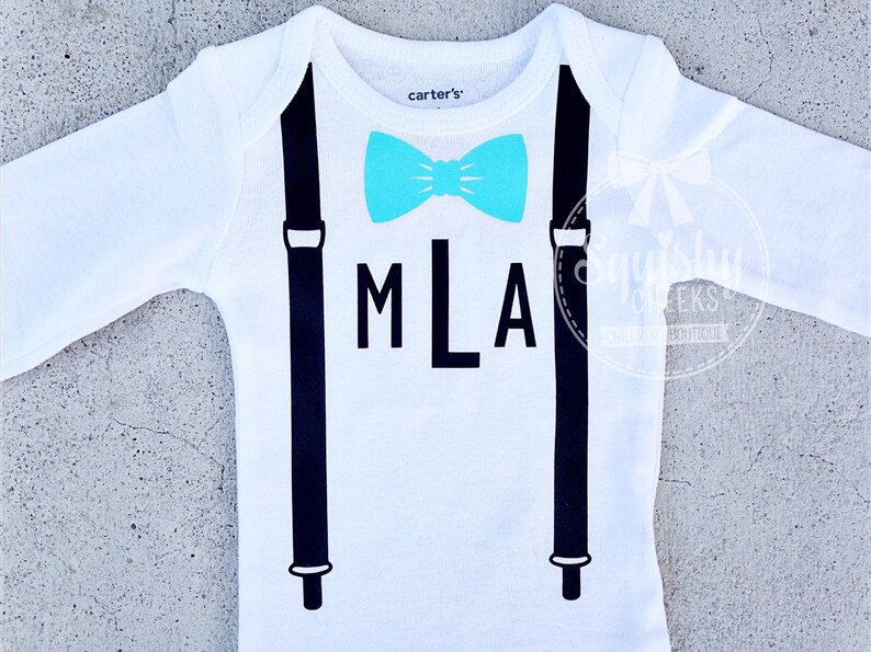 Short or Long Sleeve Monogrammed Bow Tie and Suspenders Bodysuit Baby Shower Gift Trendy Baby Boy Clothes Birthday Boy Shirt