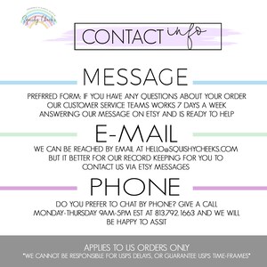 Puede incluir: Un gr&aacute;fico rosa y blanco con el texto "Squishy Chock's" y "CONTACT info". El gr&aacute;fico proporciona informaci&oacute;n de contacto para el negocio, incluidos los m&eacute;todos de comunicaci&oacute;n preferidos, la direcci&oacute;n de correo electr&oacute;nico y el n&uacute;mero de tel&eacute;fono. El texto "APPLIES TO US ORDERS ONLY" y "*WE CANNOT BE RESPONSIBLE FOR USPS DELAYS, OR GUARANTEE USPS TIME-FRAMES*" tambi&eacute;n est&aacute; incluido.