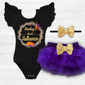 Baby Girl 1st Halloween Outfit First Halloween Costume Personalized Halloween Leotard Boho Halloween SHORT or LONG SLEEVE Newborn-4T