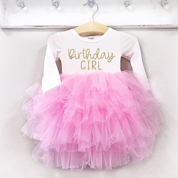 Girls Birthday Dress Pink and Gold Birthday Outfit Long Sleeve Birthday Dress 1st 2nd 3rd 4th 5th Birthday Fluffy Dress