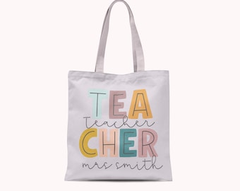 Custom Teacher Tote Bag With Name Retro Pastel Teacher Tote Bag End of Year Gift From Student