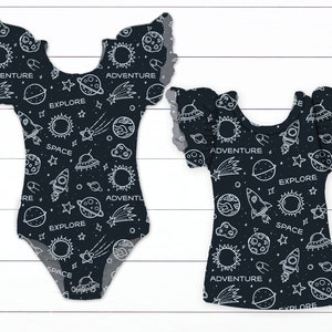 Space Leotard Girls Outer Space Shirt Space Birthday Flutter Sleeve Leotard with Snaps Newborn Baby Leotard Toddler Leotard SIZES NB 6T immagine 2