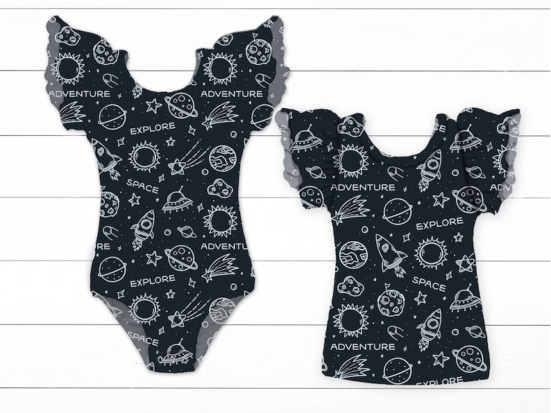 Space Leotard Girls Outer Space Shirt Space Birthday Flutter Sleeve Leotard with Snaps Newborn Baby Leotard Toddler Leotard SIZES NB 6T immagine 2